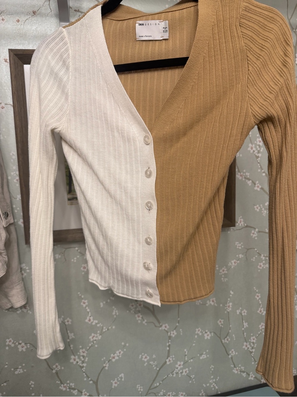 ASOS Two-Tone Ribbed Button-Front Cardigan in Cream and Tan